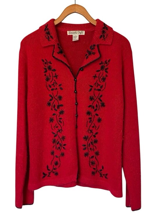 Samantha Taylor Sweaters - Samantha Taylor Women's L Red Embroidered Artsy Light Sweater Cardigan